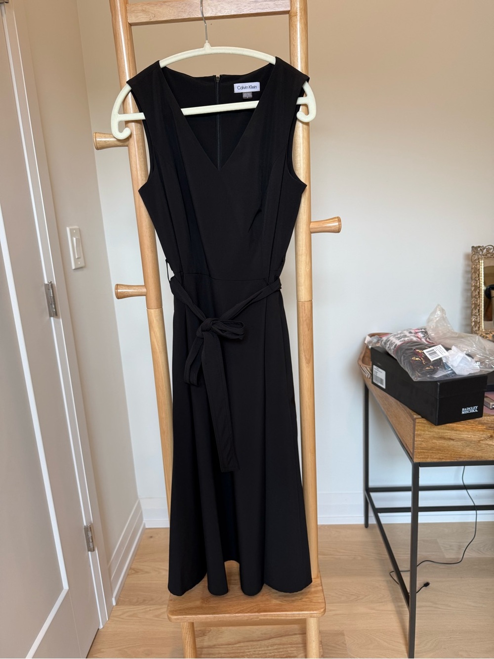 Calvin Klein Black V-Neck Sleeveless Midi Dress with Waist Tie